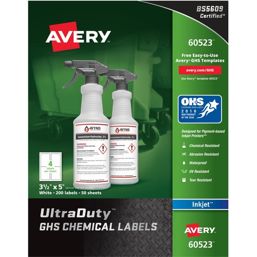 Avery® UltraDuty GHS Chemical Labels - Waterproof - 3 1/2" Width x 5" Length - Permanent Adhesive - Rectangle - Inkjet - White - Film - 4 / Sheet - 50 Total Sheets - 200 Total Label(s) - 200 / Box - Water Resistant - PVC-free, Permanent Adhesive, Chem