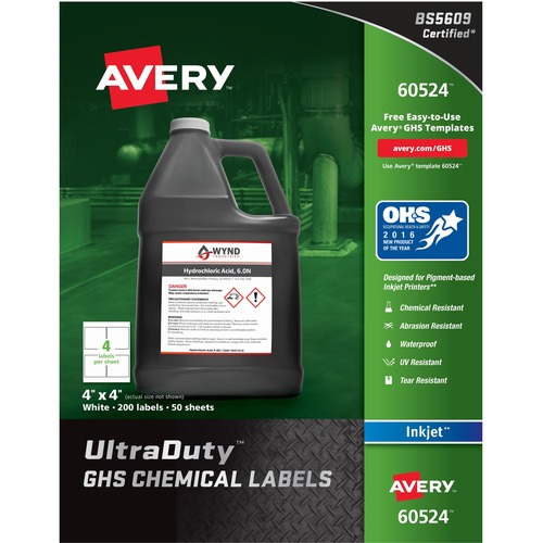 Avery® UltraDuty GHS Chemical Labels - Waterproof - x 4" Width x 4" Length - Permanent Adhesive - Square - Inkjet - White - Film - Water Resistant - Laminated - PVC-free, Print-to-the Edge, Permanent Adhesive, Chemical Resistant, Abrasion Resistant, S