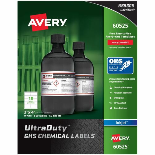 Avery® UltraDuty Warning Label - Waterproof - 2" Width x 4" Length - Permanent Adhesive - Square - Inkjet - Matte - White - Film - Water Resistant - PVC-free, Print-to-the Edge, Permanent Adhesive, Abrasion Resistant, Chemical Resistant, Customizable,