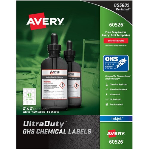 Avery® UltraDuty GHS Chemical Labels - Waterproof - x 2" Width x 2" Length - Permanent Adhesive - Rectangle - Inkjet - White - Film - Water Resistant - Laminated - PVC-free, Print-to-the Edge, Permanent Adhesive, Abrasion Resistant, Chemical Resistant