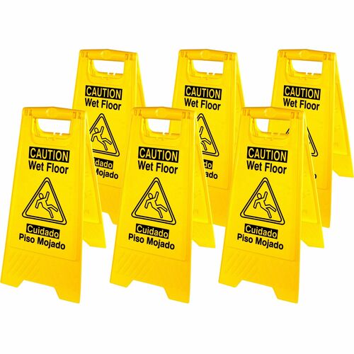 Genuine Joe Universal Graphic Wet Floor Sign - 6 / Carton - English, Spanish - Wet Floor Print/Message - Foldable - Yellow