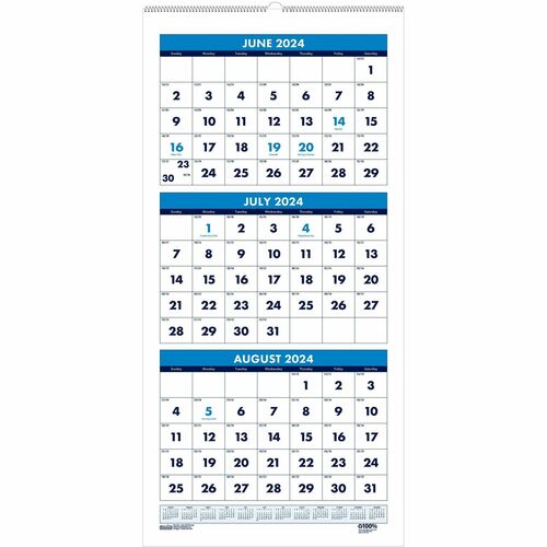 House of Doolittle Three-month Vertical Academic Wall Calendar - Academic - Julian Dates - Monthly - 14 Month - June 2023 - July 2024 - 3 Month Single Page Layout - Wire Bound - Teal - Paper - 8" Height x 17" Width - Reference Calendar - 1 Each