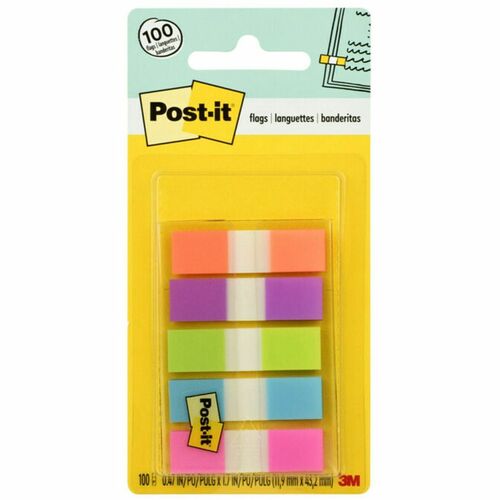 Post-it® Flags in On-the-Go Dispenser - Bright Colors - 100 x Assorted - 1/2" x 1 3/4" - Orange, Purple, Green, Blue, Pink - Removable - 100 / Pack