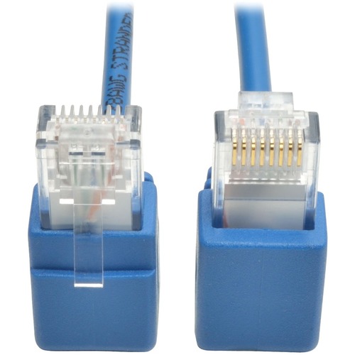 Tripp Lite Cat6 Gigabit Snagless Molded Slim UTP Patch Cable Right Angle 2' - Category 6 for Network Device, Switch, Router, Printer, Server, Modem, Patch Panel - 128 MB/s - Patch Cable - 2 ft - 1 x RJ-45 Male Network - 1 x RJ-45 Male Network - Blue