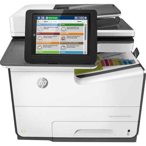 HP PageWide 586 586f Page Wide Array Multifunction Printer-Color-Copier/Fax/Scanner-50 ppm Mono/50 ppm Color Print-2400x1200 Print-Automatic Duplex Print-80000 Pages Monthly-550 sheets Input-Color Scanner-600 Optical Scan-Color Fax-Gigabit Ethernet - Copi