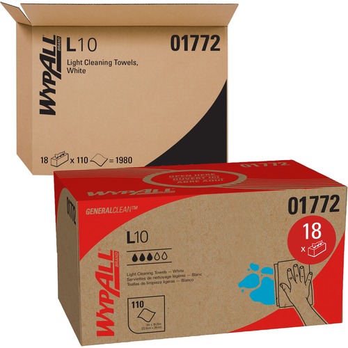 Wypall GeneralClean L10 Light Cleaning Towels - Pop-Up Box - 1 Ply - White - 110 Per Box - 18 / Carton