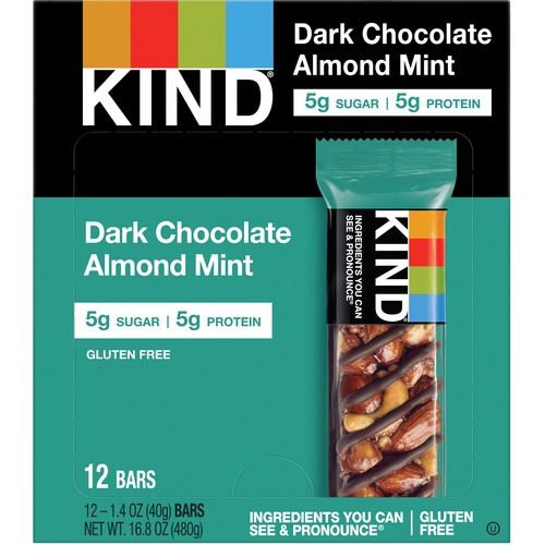 KIND Dark Chocolate Almond Mint Snack Bar - Gluten-free, Non-GMO, Sodium-free, Cholesterol-free, Fat-free, Individually Wrapped - Dark Chocolate, Almond, Mint - Box - 39.7 g - 12 / Box