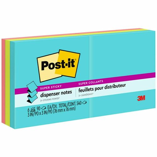 Post-it® Super Sticky Pop-up Notes - Miami Color Collection - 540 x Multicolor - 3" x 3" - Rectangle - 90 Sheets per Pad - Multicolor - Paper - Self-adhesive, Removable, Recyclable - 6 / Pack