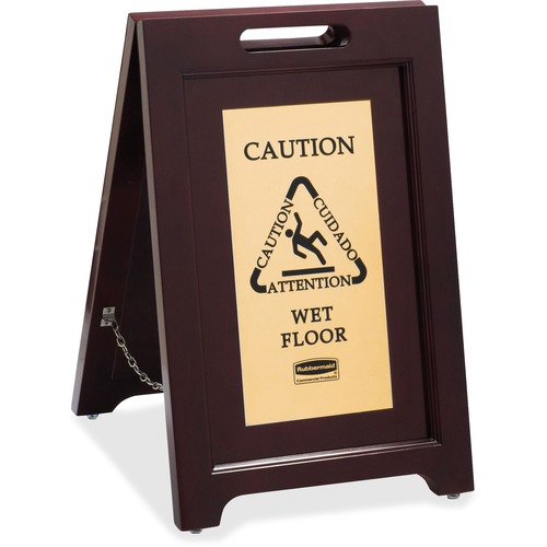 Rubbermaid Commercial Brass Plaque Wooden Caution Sign - 1 Each - Caution, Attention, Cuidado, Wet Floor Print/Message - 15" Width x 23.5" Height x 16.2" Depth - Rectangular Shape - Black Print/Message Color - Double Sided - Durable, Carry Handle, Multili