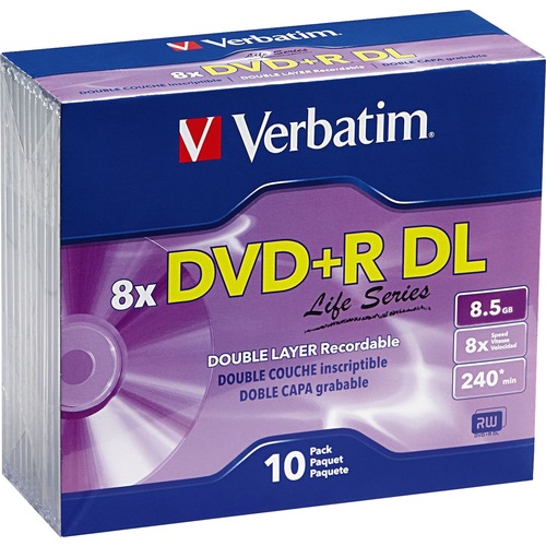 Verbatim DVD+R DL 8.5GB 8X Life Series with Branded Surface - 10 pk Slim Case - 120mm - Double-layer Layers - 4 Hour Maximum Recording Time