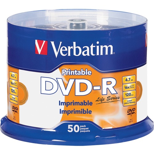 Verbatim DVD-R 4.7GB 16X Life Series White Inkjet Printable, Hub Printable - 50pk Spindle - 120mm - Printable - Inkjet Printable - 2 Hour Maximum Recording Time