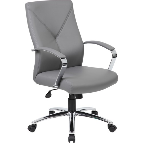 Boss B10101 Executive Chair - Gray LeatherPlus Seat - Gray Leather, Polyurethane Back - Chrome, Black Chrome Frame - 5-star Base - 1 Each