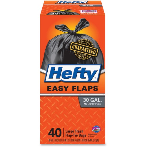 Hefty Easy Flaps 30-gallon Large Trash Bags - Large Size - 30 gal Capacity - 30" Width x 33" Length - 0.85 mil (22 Micron) Thickness - Drawstring Closure - Black - 6/Carton - 40 Per Box - Can - Recycled