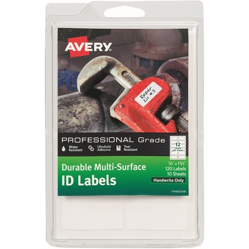 Avery® ID Labels - Permanent Adhesive - Rectangle - White - Film - 12 / Sheet - 10 Total Sheets - 120 Total Label(s) - 3 - Water Resistant