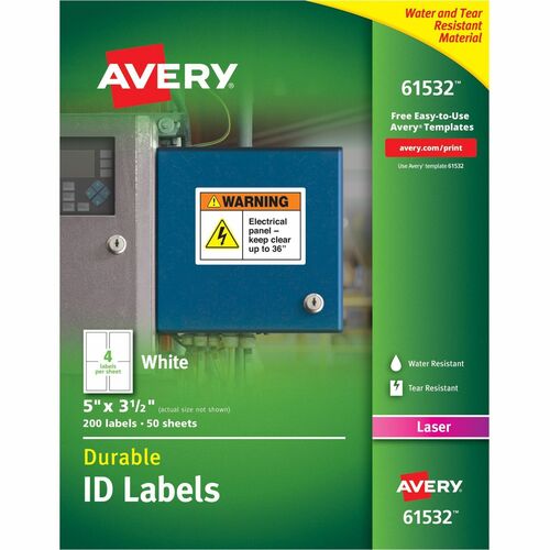 Avery® TrueBlock ID Label - Waterproof - Permanent Adhesive - Rectangle - Laser - White - Film - 4 / Sheet - 50 Total Sheets - 200 Total Label(s) - 5 - Water Resistant - Permanent Adhesive, Durable, Heavy Duty, Scuff Resistant, Tear Resistant, Smudge 