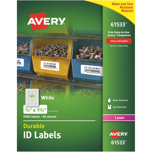 Avery® TrueBlock ID Label - Waterproof - Permanent Adhesive - Rectangle - Laser - White - Film - 60 / Sheet - 50 Total Sheets - 3000 Total Label(s) - 5 - Water Resistant - Permanent Adhesive, Durable, Heavy Duty, Scuff Resistant, Tear Resistant, Smudg