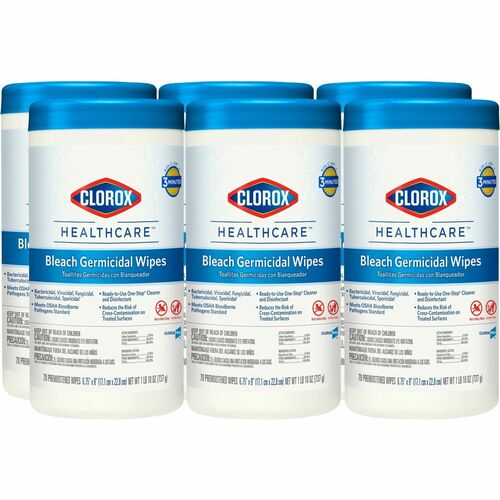 Clorox Healthcare Bleach Germicidal Wipes - Ready-To-Use Wipe6.75" Width x 9" Length - 70 / Canister - 6 / Carton - White