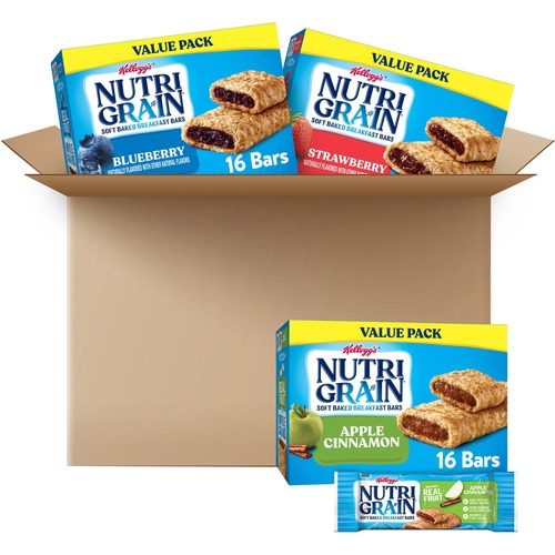 Nutri-Grain Soft Baked Breakfast Bar Assortment - Individually Wrapped - Apple Cinnamon, Strawberry, Blueberry - Box - 1.30 oz - 3 / Carton