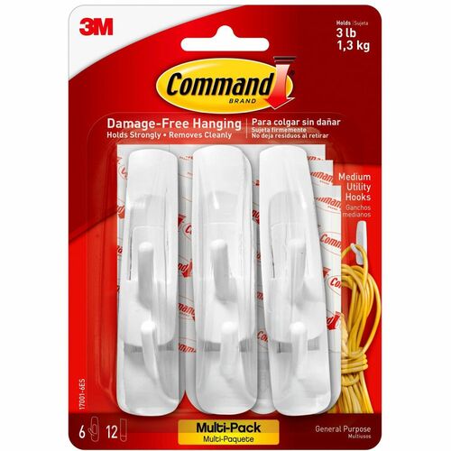 Command Medium Utility Hooks with Adhesive Strips - 3 lb (1.36 kg) Capacity - for Paint, Wood, Tile - White - 6 / Pack