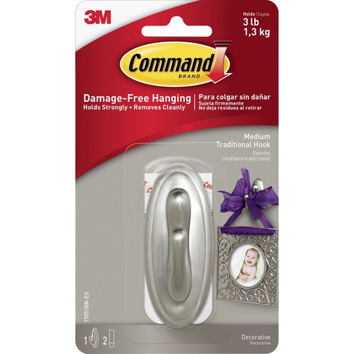 Command Medium Traditional Hook, Brushed Nickel - 3 lb (1.36 kg) Capacity - 3.1" Length - for Decoration, Indoor - Plastic - Metallic Silver - 1 / Pack