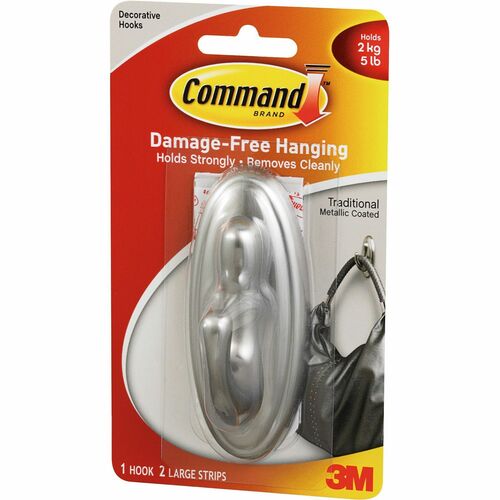 Command Traditional Hook - Large - 5 lb (2.27 kg) Capacity - for Decoration, Indoor - Plastic - Metallic Silver - 1 / Pack