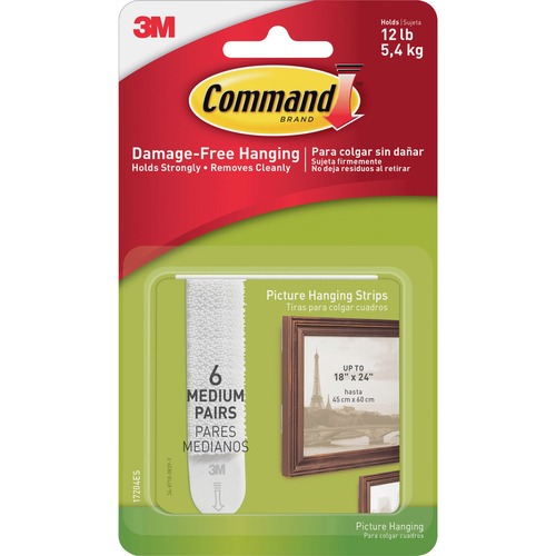 Command Medium Picture Hanging Strips - 2.75" Length x 0.75" Width - Rubber Resin Backing - 6 / Pack - White