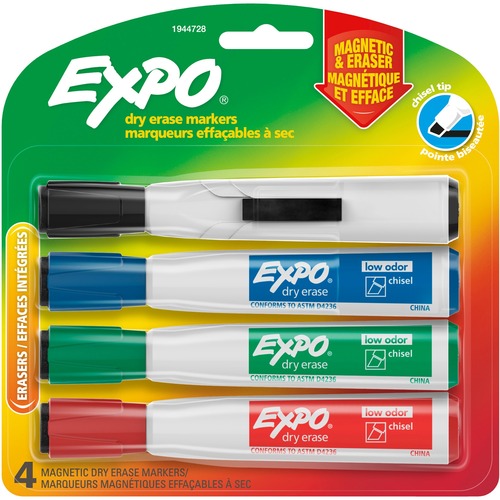 Expo Eraser Cap Magnetic Dry Erase Marker Set - Medium, Fine, Broad Marker Point - Chisel Marker Point Style - Assorted - 4 / Pack - Dry Erase Markers - SAN1944728