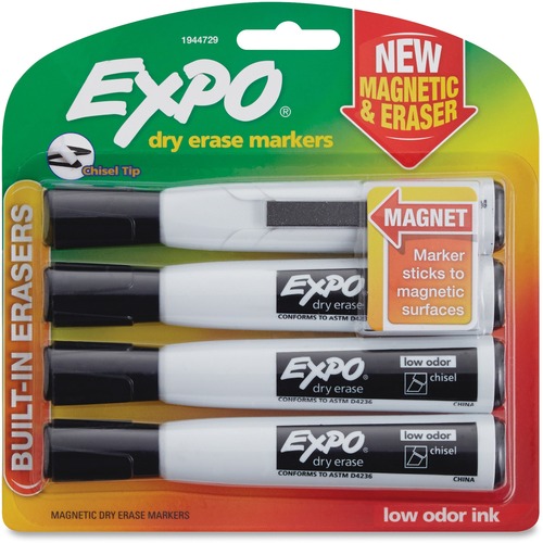 Expo Eraser Cap Magnetic Dry Erase Marker Set - Medium Chisel, Fine, Broad Marker Point - Black Ink - 4 / Pack