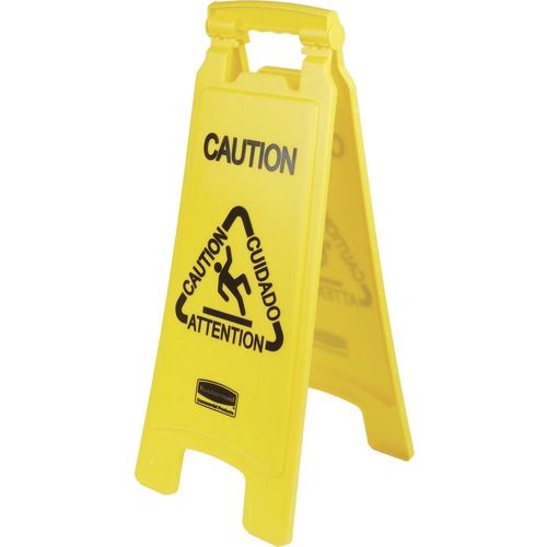 Rubbermaid Commercial Multi-Lingual Caution Floor Sign - 6 / Carton - Caution, Cuidado, Attention Print/Message - 11" Width x 25" Height x 12" Depth - Rectangular Shape - Hanging - Double Sided - Foldable, Lightweight, Durable, Multilingual - Plastic - Ye