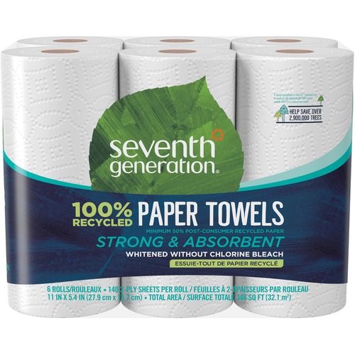 Seventh Generation 100% Recycled Paper Towels - 2 Ply - 11" x 5.40" - 140 Sheets/Roll - White - Paper - 6 Per Pack - 4 / Carton