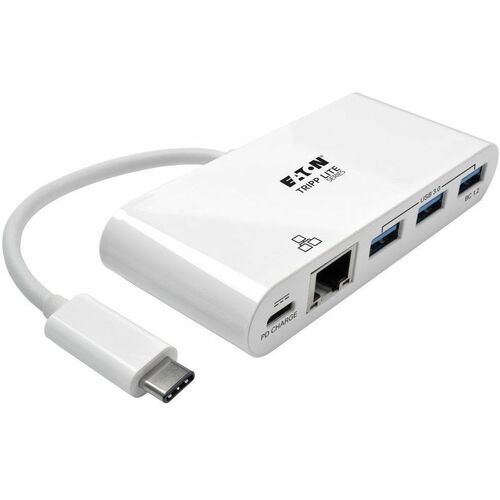 Tripp Lite by Eaton 3-Port USB 3.2 Gen 1 Hub with LAN Port and Power Delivery USB-C to 3x USB-A Ports and Gigabit Ethernet White - USB 3.1 Type C - External - 4 USB Port(s) - 1 Network (RJ-45) Port(s) - 3 USB 3.0 Port(s) - PC, Chrome OS, Mac