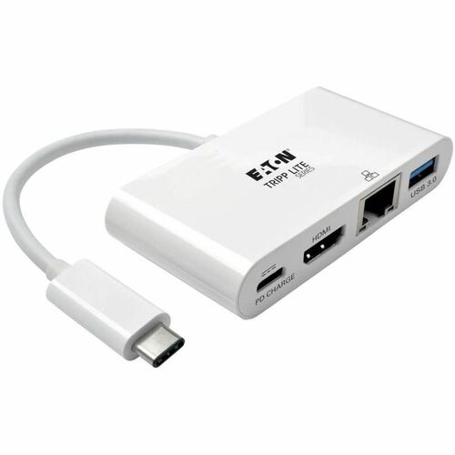 Tripp Lite USB-C Multiport Adapter - HDMI, USB 3.2 Gen 1 Port, Gigabit Ethernet, 60W PD Charging, HDCP, White - for Notebook/Tablet PC/Desktop PC - USB Type C - 2 x USB Ports - 2 x USB 3.0 - Network (RJ-45) - HDMI - Wired
