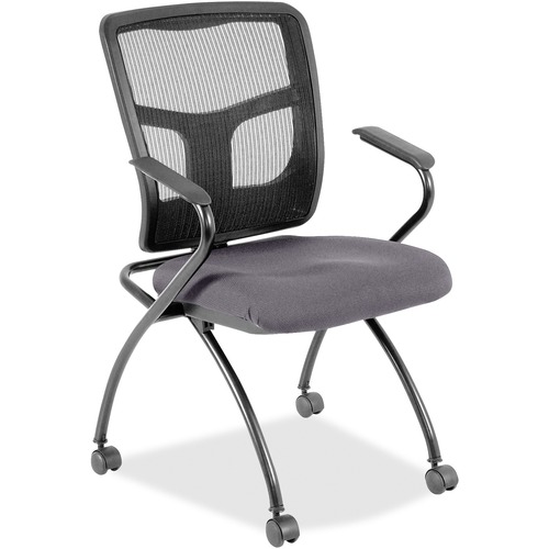 Lorell Mesh Back Nesting Training/Guest Chairs - Canyon Carbon Antimicrobial Vinyl Seat - Black Mesh Back - Gray Powder Coated Metal Frame - Four-legged Base - Armrest - 2 / Carton