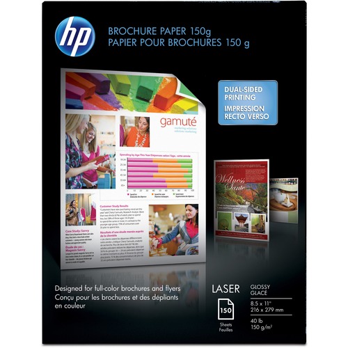 HP Glossy Brochure Paper - White - 97 Brightness - Letter - 8 1/2" x 11" - 40 lb Basis Weight - Glossy - White - 5 / Carton