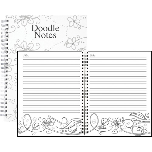 House of Doolittle Doodle Notes Spiral Notebook - 111 Pages - Spiral Bound - 7" x 9" - Black & White Flower Cover - Hard Cover - Recycled - 1 Each