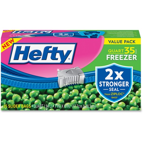 Hefty Quart Freezer Slider Bags - 1 quart Capacity - 7" Width x 8" Length - Zipper Closure - Clear - Plastic - 9/Carton - 35 Per Box - Food