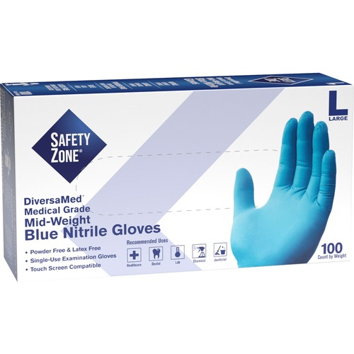 Safety Zone Powder Free Blue Nitrile Gloves - Large Size - Blue - Allergen-free, Latex-free, Silicone-free, Textured, Comfortable - For Cleaning, Dishwashing, Food, Janitorial Use, Painting, Pet Care, Medical