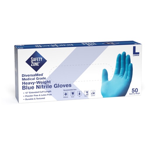 Safety Zone 12" Powder Free Blue Nitrile Gloves - Large Size - Blue - Comfortable, Allergen-free, Silicone-free, Latex-free, Textured - For Cleaning, Dishwashing, Medical, Food, Janitorial Use, Painting, Pet Care - 12" Glove Length