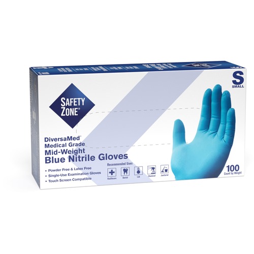 Safety Zone Powder Free Blue Nitrile Gloves - Small Size - Blue - Allergen-free, Latex-free, Silicone-free, Textured, Comfortable - For Cleaning, Dishwashing, Food, Janitorial Use, Painting, Pet Care, Medical
