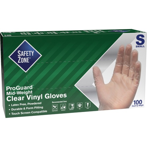 Safety Zone Powdered Clear Vinyl Gloves - Small Size - Clear - Powdered, Latex-free, Comfortable, Allergen-free, Silicone-free, DINP-free, DEHP-free - For General Purpose, Cleaning, Food, Janitorial Use, Cosmetics, Painting, Pet Care - 9.25" Glove Length