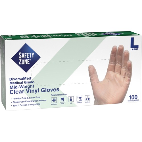 Safety Zone Powder Free Clear Vinyl Gloves - 9.25" Glove Length - Large Size - Unisex - Clear - Latex-free, Comfortable, Allergen-free, Silicone-free, DINP-free, DEHP-free - For General Purpose, Cleaning, Food, Janitorial Use, Cosmetics, Painting, Pet Car
