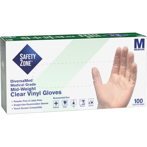 Safety Zone Powder Free Clear Vinyl Gloves - 9.25" Glove Length - Medium Size - Unisex - Clear - Latex-free, Comfortable, Allergen-free, Silicone-free, DINP-free, DEHP-free - For General Purpose, Cleaning, Food, Janitorial Use, Cosmetics, Painting, Pet Ca