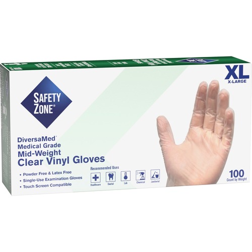 Safety Zone Powder Free Clear Vinyl Gloves - 9.25" Glove Length - X-Large Size - Unisex - Clear - Latex-free, Comfortable, Allergen-free, Silicone-free, DINP-free, DEHP-free - For General Purpose, Cleaning, Food, Janitorial Use, Cosmetics, Painting, Pet C