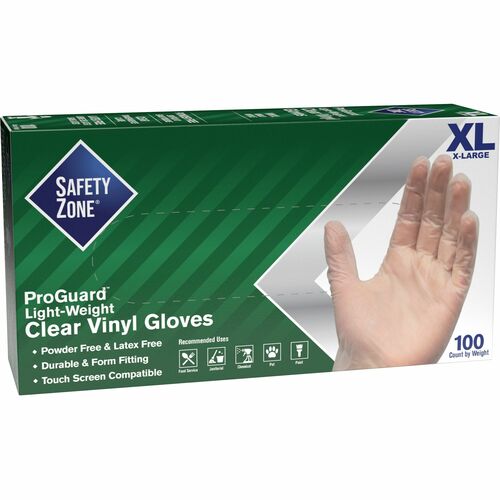 Safety Zone Powder Free Clear Vinyl Gloves - 9.25" Glove Length - X-Large Size - Clear - Latex-free, DEHP-free, DINP-free, PFAS-free, Comfortable, Silicone-free - For Janitorial Use, Cosmetics, Painting, Cleaning, General Purpose, Pet Care - 100 / Box