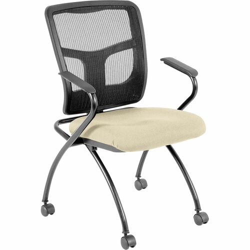 Lorell Ergomesh Nesting Chairs with Arms - Dillon Buff Antimicrobial Vinyl Seat - Black Mesh Back - Gray Powder Coated Metal Frame - Four-legged Base - Armrest - 2 / Carton
