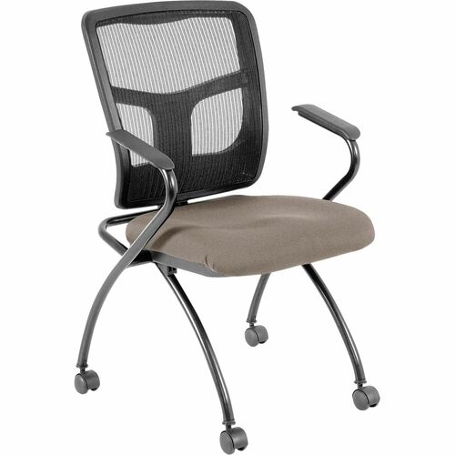 Lorell Ergomesh Nesting Chairs with Arms - Dillon Stratus Antimicrobial Vinyl Seat - Black Mesh Back - Gray Powder Coated Metal Frame - Four-legged Base - Armrest - 2 / Carton