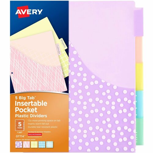 Avery® Big Tab Plastic Dividers with Pockets, 5-Tab (07714 - 5 x Divider(s) - 5 - 5 Tab(s)/Set - 9.3" Divider Width x 11.25" Divider Length - 3 Hole Punched - Multicolor Plastic Divider - Plastic Tab(s) - PVC-free, Hole-punched, Insertable, Customizab