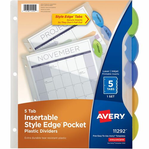 Avery® Insertble Style Edge Plastic Pocket Dividers - 5 x Divider(s) - 5 - 5 Tab(s)/Set - 9.3" Divider Width x 11.25" Divider Length - 3 Hole Punched - Translucent Plastic Divider - Multicolor Plastic Tab(s) - 2