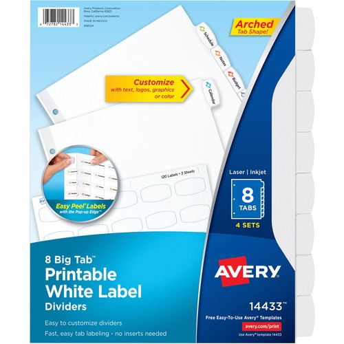 Avery® Big Tab Printable Label Dividers, Easy Peel Labels, 8 Tabs - 32 x Divider(s) - 8 - 8 Tab(s)/Set - 8.5" Divider Width x 11" Divider Length - 3 Hole Punched - White Paper Divider - White Paper Tab(s) - Recycled - 4 / Pack