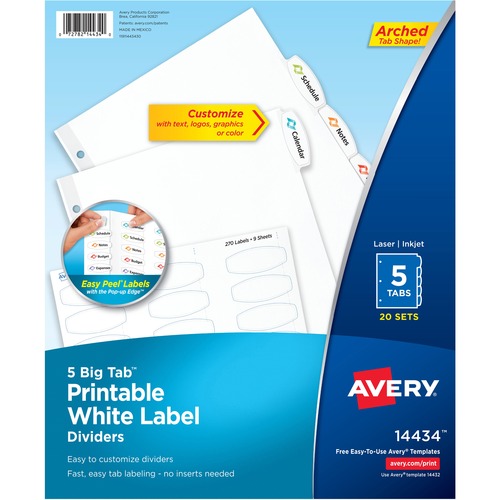 Avery® Big Tab Printable White Label Dividers - 100 x Divider(s) - 5 - 5 Tab(s)/Set - 8.5" Divider Width x 11" Divider Length - 3 Hole Punched - White Paper Divider - White Paper Tab(s) - Recycled - 20 / Box
